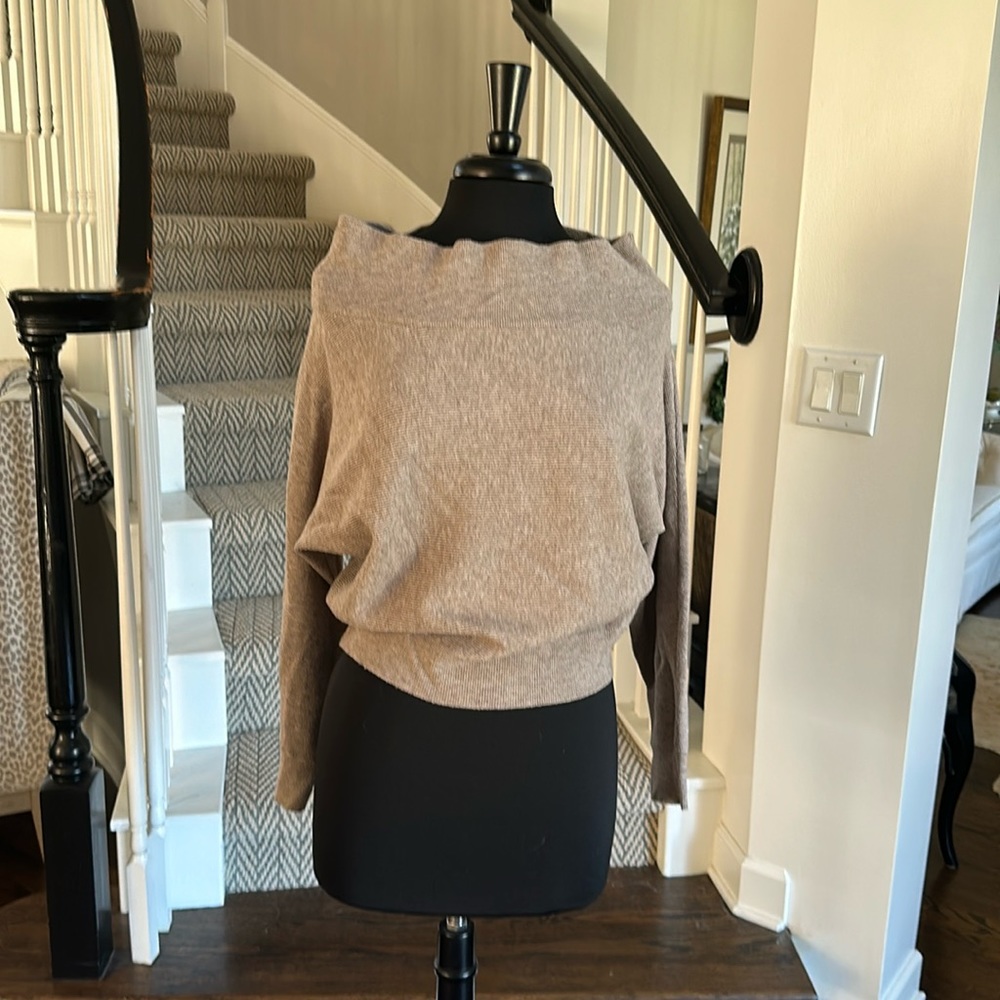 Tan off the shoulder cropped lightweight sweater